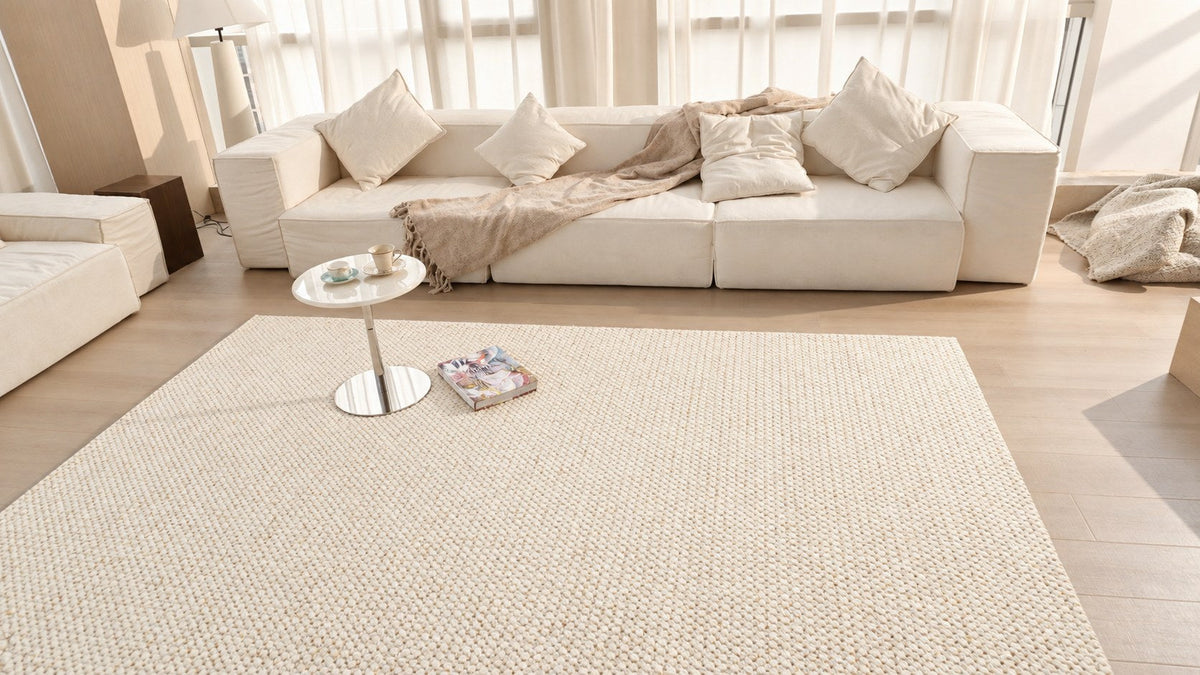 Dapple rug on a warm timber floor in front of a cream sofa, in a room with tall windows