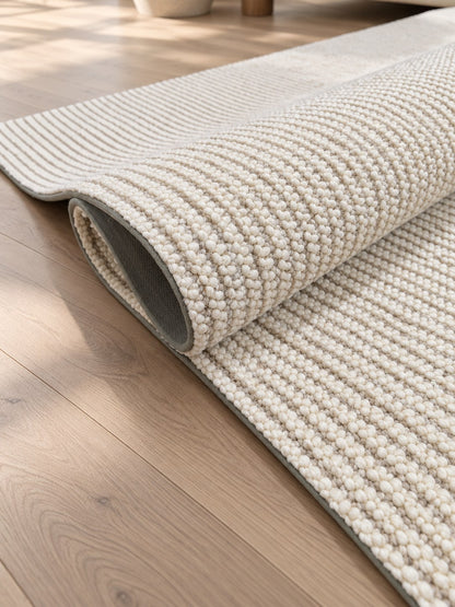 Vesper rug partly rolled up on a light timber floor, showing its loop texture and backing.